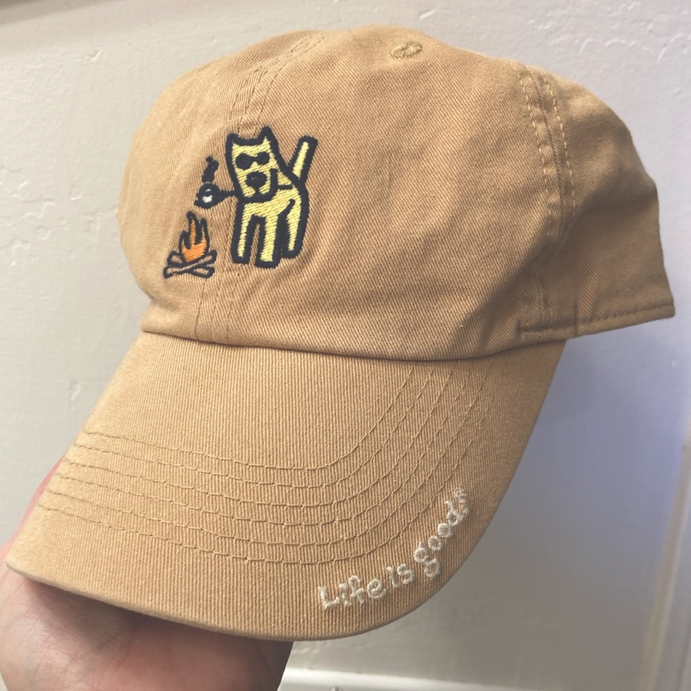 Life Is Good Unisex Baseball Cap- Dog Roasting Marshmallow Over Campfire.